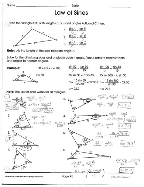 There are three missing parts to each triangle, so there are 21. . Law of sines and cosines worksheet with answers